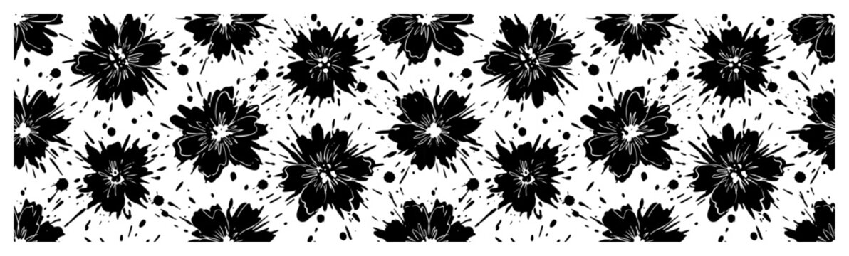 Floral ink splash pattern with stylized flower blooms in expressive grunge style