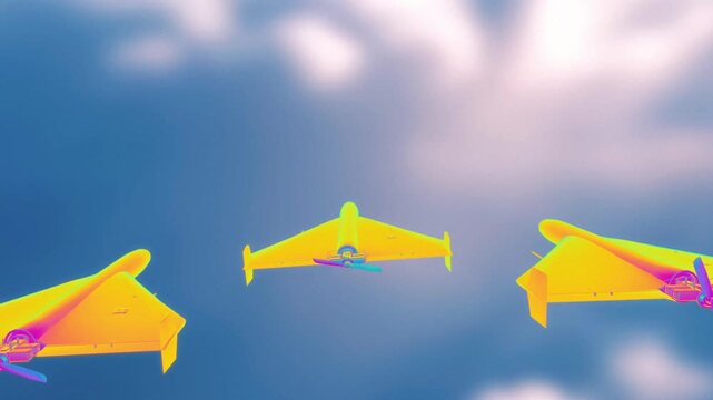 Squadron of three kamikaze strike drones flying in tight formation through a bright sky in a 3D render with thermal imaging surveillance graphics