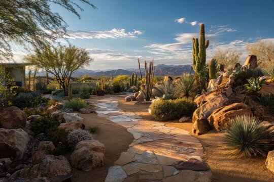 Desert garden scene featuring irregular flagstones, cacti and succulents along a gravel bed