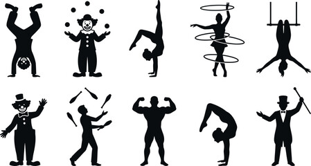Circus Carnival Silhouette Icon Set Featuring Acrobatic Performer Vector Elements © Peru