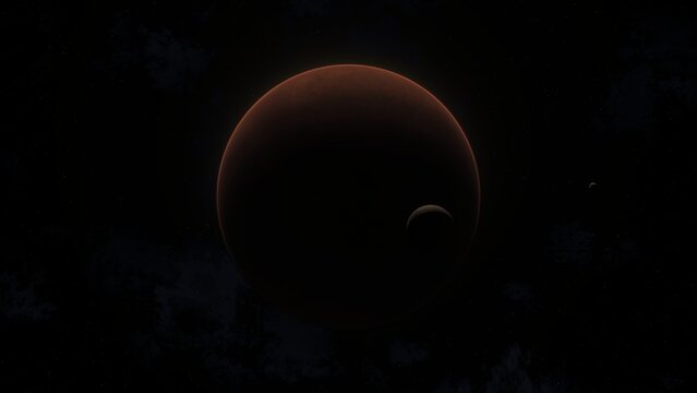 Mars-like terrestrial planet in deep space with glowing surface textures and scattered stars around. 3D illustration of an arid desert planet. Alien cosmic world explored by astrophysics. Locked wide 