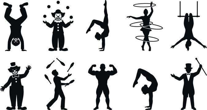 Circus Carnival Silhouette Icon Set Featuring Acrobatic Performer Vector Elements