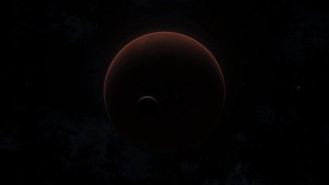Mars-like terrestrial planet in deep space with glowing surface textures and scattered stars around. 3D animation of an arid desert planet. Alien cosmic world explored by astrophysics. Locked wide sho
