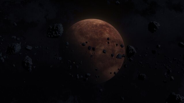 Mars-like terrestrial planet in deep space with glowing surface textures and scattered stars around. 3D illustration of an arid desert planet. Alien cosmic world explored by astrophysics. Locked wide 