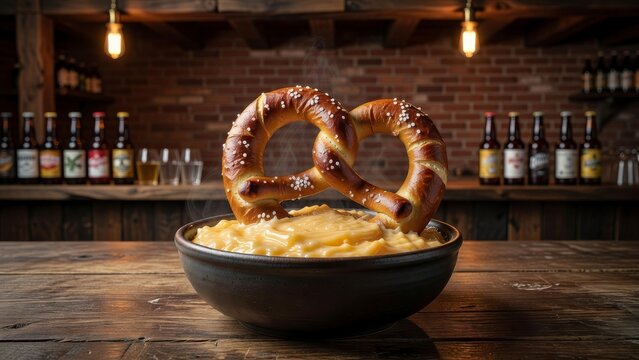 Beer cheese dip with pretzel in bowl on rustic counter with pub bottles softly behind