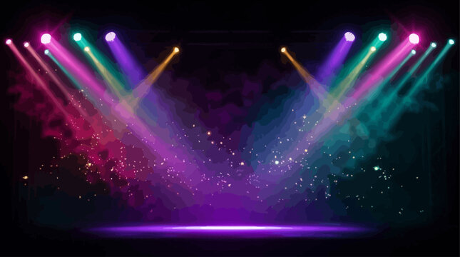 Colorful stage lights background with purple magenta and teal spotlights and smoke vector concept illustration
