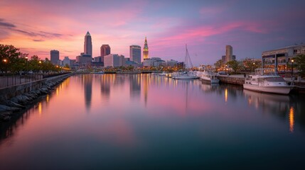 Fototapeta premium Sunset over a glassy skyline across the tranquil lakefront