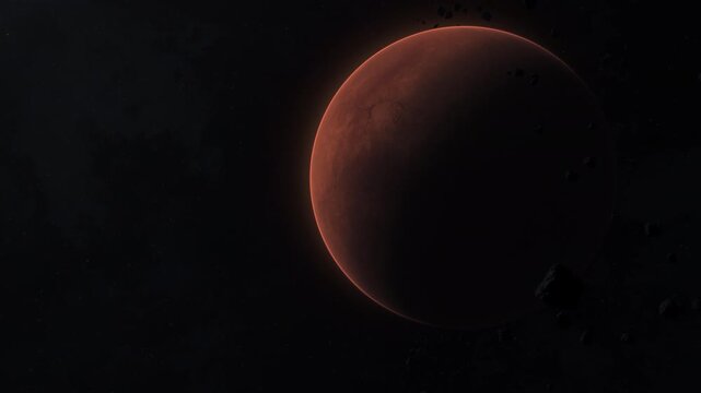 Mars-like terrestrial planet in deep space with glowing surface textures and scattered stars around. 3D animation of an arid desert planet. Alien cosmic world explored by astrophysics. Track-In wide s