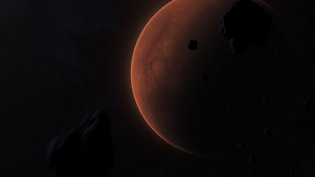 Mars-like terrestrial planet in deep space with glowing surface textures and scattered stars around. 3D illustration of an arid desert planet. Alien cosmic world explored by astrophysics. Track-In wid