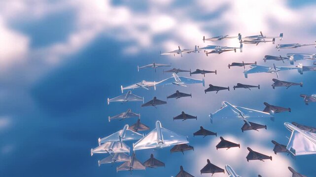 Massive swarm of silver chrome military drones flying together across a bright blue cloudscape in an epic 3D render depicting autonomous swarm intelligence