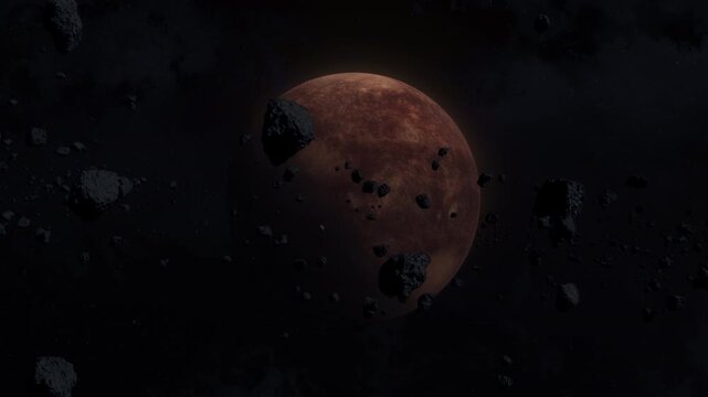 Mars-like terrestrial planet in deep space with glowing surface textures and scattered stars around. 3D animation of an arid desert planet. Alien cosmic world explored by astrophysics. Locked wide sho