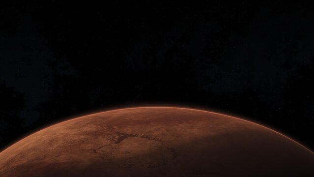 Mars-like terrestrial planet in deep space with glowing surface textures and scattered stars around. 3D illustration of an arid desert planet. Alien cosmic world explored by astrophysics. Orbital wide