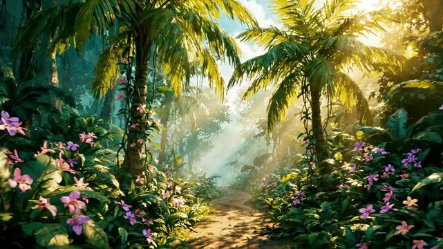 Tropical jungle path with sunbeams and exotic flowers, lush rainforest nature scene for travel and wellness backgrounds