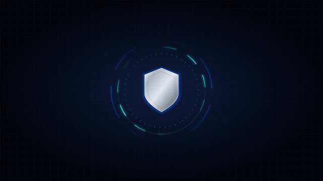 cyber security shield icon with rotating digital rings