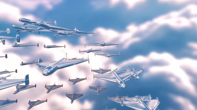 Military drones fly in formation across a cloudy sky in a panoramic 3D animation loop showcasing autonomous surveillance and defense systems