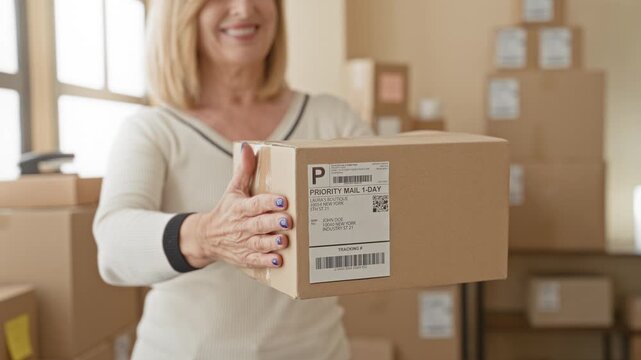 Woman extends hand holding parcel showing shipping label and smiling in packing studio; small business pride.