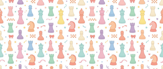 Cute Pastel Pixel Art Chess Pieces Seamless Pattern Background © Auranen