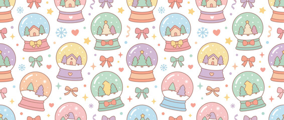 Obraz premium Cute Pastel Snow Globes with Houses and Trees Seamless Pattern