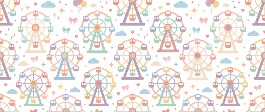 Seamless Pattern of Pastel Ferris Wheels and Amusements - Cute Vector Illustration