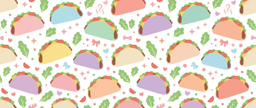 Cute Kawaii Taco Pattern Background with Pastel Colors and Hearts