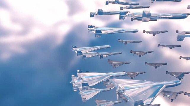 Unmanned aerial vehicles advance in a dense geometric formation against a cloudy blue sky in a wide 3D render exploring modern geopolitical conflict