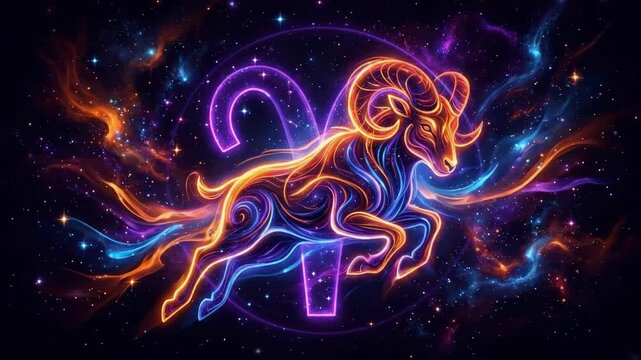 Glowing neon ram representing the Aries zodiac sign leaping through a starry cosmic background with vibrant energy lines