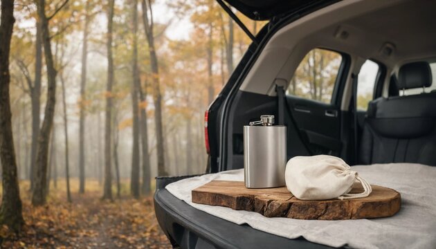 Cozy autumn picnic in the open trunk of a car parked in a scenic fall forest
