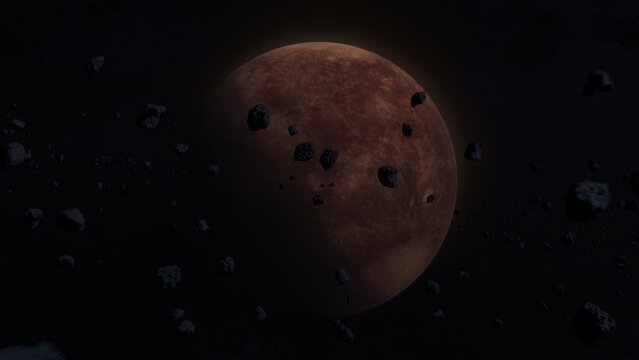 Mars-like terrestrial planet in deep space with glowing surface textures and scattered stars around. 3D illustration of an arid desert planet. Alien cosmic world explored by astrophysics. Wde shot fli