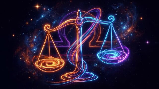 Libra zodiac sign as neon scale in starry space. Cosmic constellation glowing with light energy. Horoscopic symbol representing balance and justice for astrology and astronomy concept