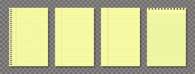 Yellow legal A4 note paper pad sheet collection 4 in 1. Paper notebook legal memo set lined and checkered paper blank layout template. Grid lines chechered texture. Vector illustration © boxerx