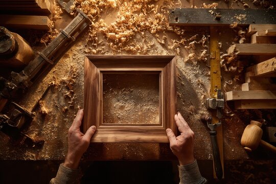 Overhead view of a skilled framer assembling a wooden picture frame in a workshop