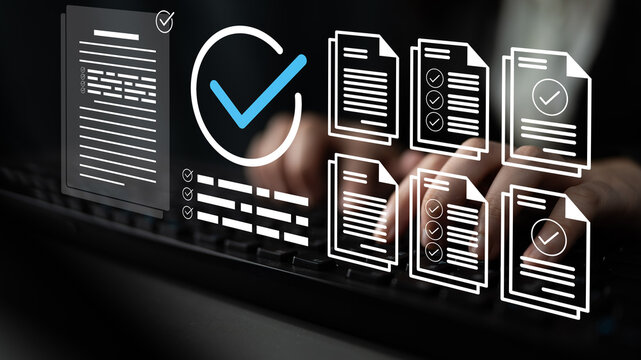 Visual representation of document review, featuring checkmarks and paperwork. Ideal for showcasing efficiency and accuracy in quality assurance processes in digital environments. Ledger