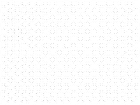 Detailed various shapes puzzle grid overlay. Jigsaw puzzle blank template. 20x15 shapes, 300 pieces. Separate matching puzzle elements. Vector png