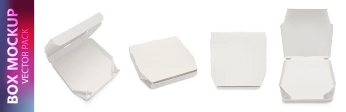 Photorealistic white paper cardboard box mockup pack isolated on white background. Food delivery degradable package. Pizza and cake pakage. Vector illustration