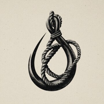 Bold grappling hook silhouette with rope, filled outline illustration on light background