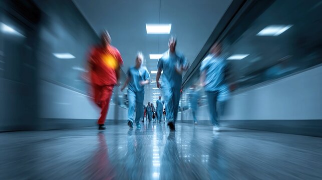 Blur motion of healthcare professionals and patient in hospital corridor, visualizing busy clinical workflow, teamwork, and patient-centered care,