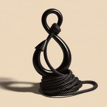 Bold grappling hook silhouette with rope, filled outline illustration on light background