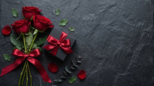 Valentines day card with gift box and rose flowers