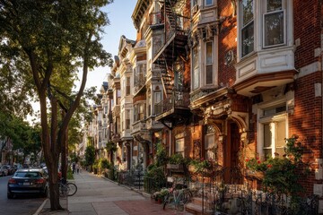 Fototapeta premium Philadelphia neighborhood scene with row houses and stoops