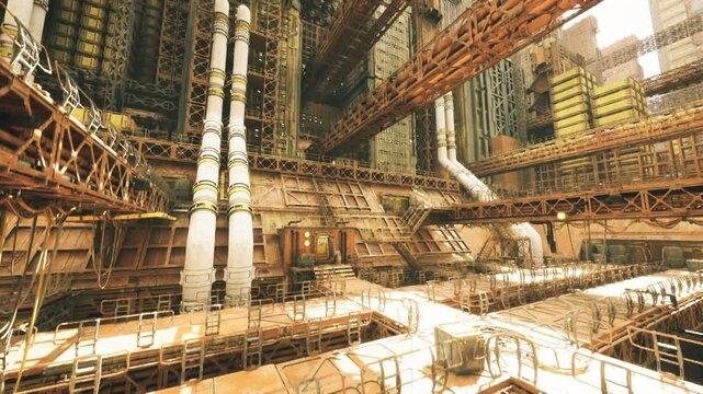 complex mechanical scaffolding and long pipe spans, autonomous inspector drone mapping corrosion, highdetail textures and layered depth, utilitarian