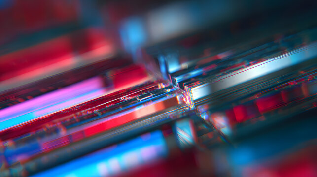 Abstract digital art featuring sharp glass prisms reflecting vibrant blue and red neon light in a smooth cinematic depth composition