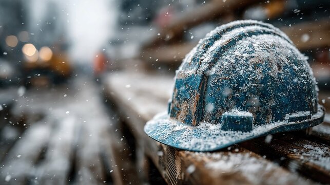 Blue hard hat covered in snow resting on wooden bench at winter construction site, emphasizing cold weather work, safety, and industrial resilience in detailed generative AI illustration.
