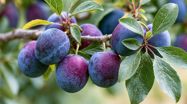 Sweet, purple prunes ripen on a plum tree. Selective focus highlights the delicious fruit.