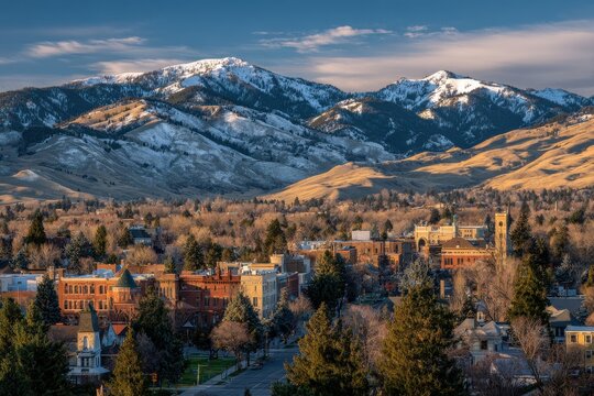 Panoramic Bozeman: Snow-dusted peaks behind a vibrant western city center