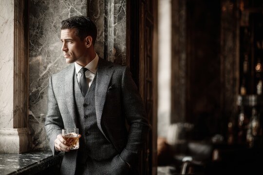 Portrait of a snobbish man in a tailored suit in an upscale lounge