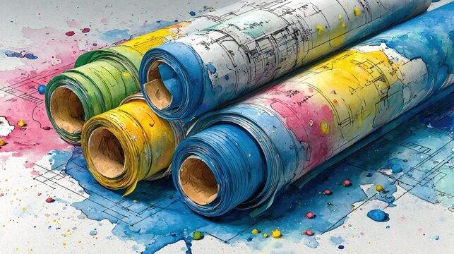 Blueprint rolls on watercolor background with technical drawings, creative architecture concept, artistic engineering design illustration for modern projects