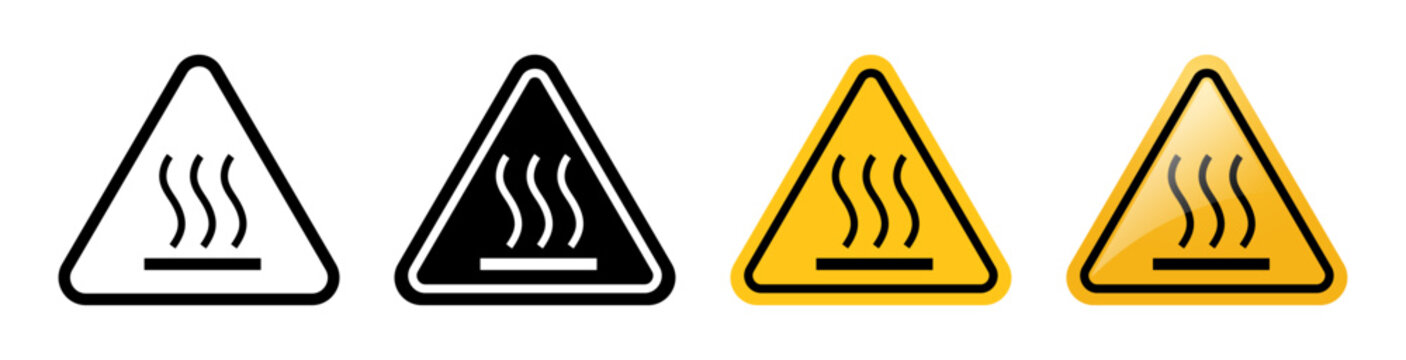 Hot surface warning sign set, Heat hazard symbols in outline, solid and yellow triangle styles, industrial safety, workplace, laboratory caution, danger alerts and safety signage vector illustration.