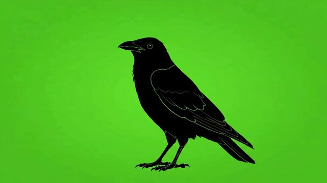 Black crow silhouette animation on green screen, cawing raven bird isolated for compositing