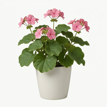 Pink Geranium Flower Plant in White Pot Isolated on White Background