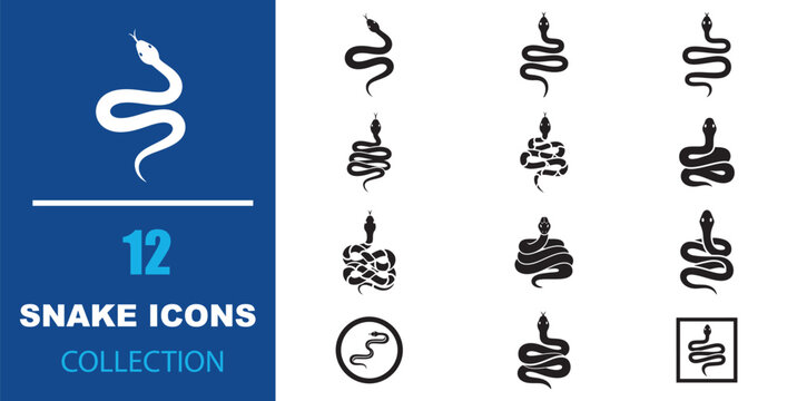 Snake icons collection, 12 reptile vector symbols, black serpent silhouette set for logo design